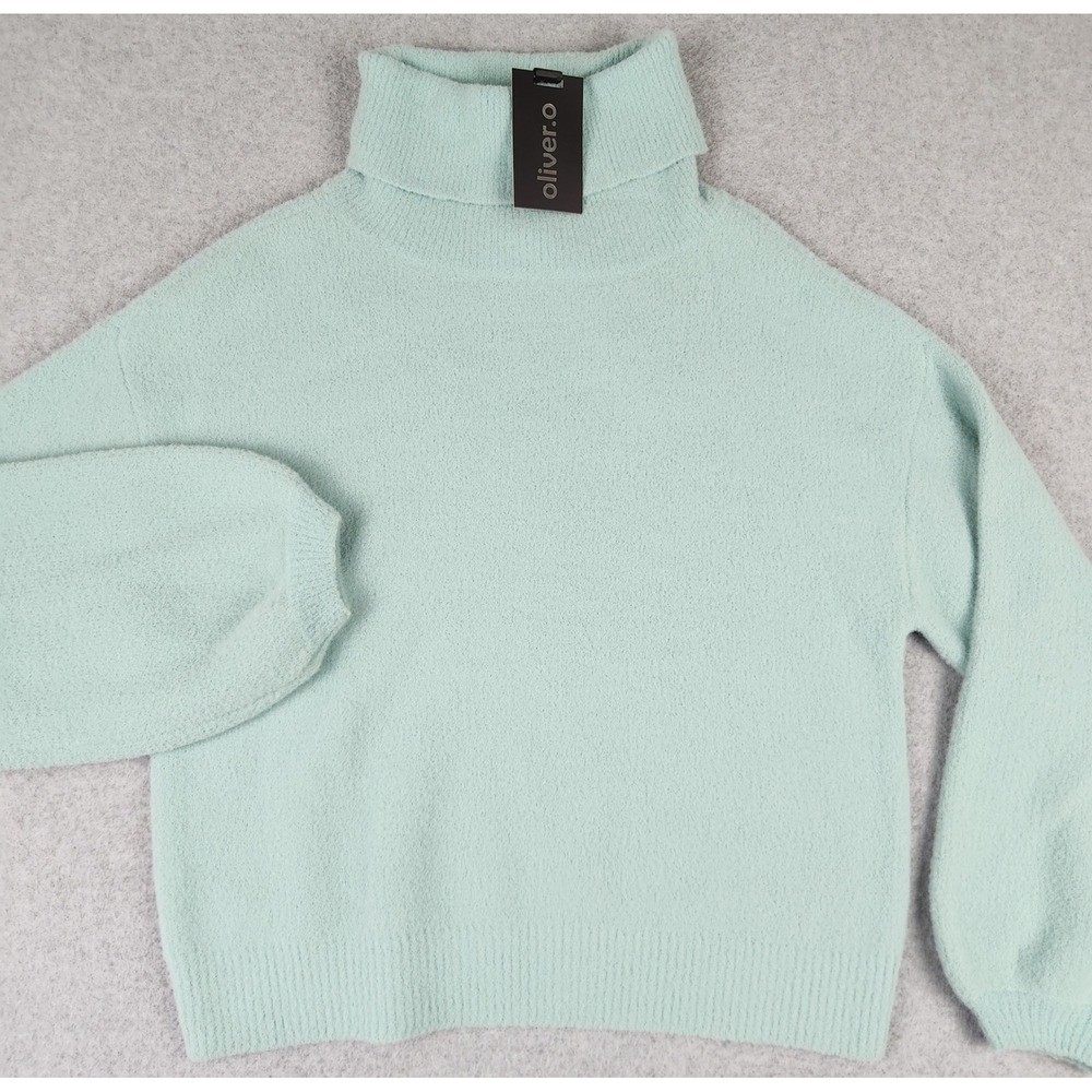 NWT Oliver.O Sweater Womens M Aqua SW4207 Turtleneck Eyelash Knit Balloon Sleeve